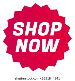 Shop Now,Starbursts zigzag star shape sales badge icon in red color, Shopping label concept for sales tags. Colorful flat design for app ads web button ui ux elements isolated on white background