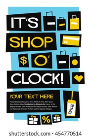 It's Shop O' Clock! (Flat Style Vector Illustration Shopping Quote Poster Design)