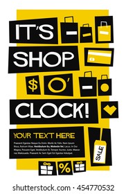 It's Shop O' Clock! (Flat Style Vector Illustration Shopping Quote Poster Design) with text box template 