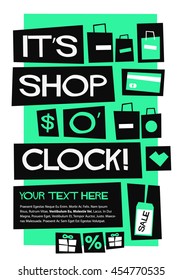 It's Shop O' Clock! (Flat Style Vector Illustration Shopping Quote Poster Design) with text box template 