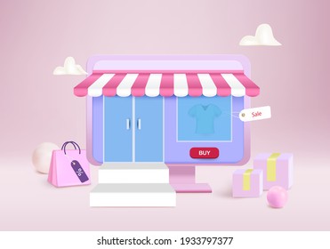 Shop on the computer with box and bag for online shopping