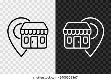 Shop on the map, line icon, high quality vector editable stroke symbol. Supermarket nearby, outline sign isolated on dark and light transparent background. Nearest store point on the map