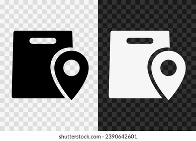 Ver en el mapa, icono de la silueta de la bolsa de compras, signo de glifo vector. Símbolo de la bolsa de compras aislado sobre fondo oscuro y transparente claro.