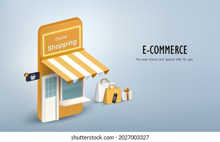 Compra en el móvil con una caja de regalo y una bolsa para comprar en línea