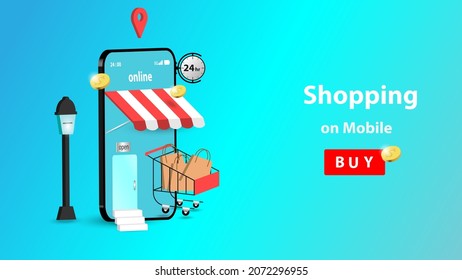 Shop on mobile phone application of shopping online.  Vector store on phone buy in digital market.