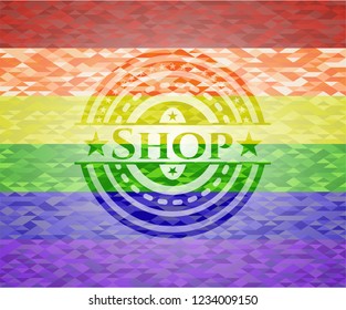 Shop on mosaic background with the colors of the LGBT flag