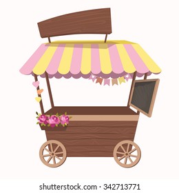 Shop on wheels with flower. Vector illustration. Cartoon flower market store car icon. 