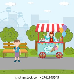 Shop on wheels with ice cream in the Park with a seller and a boy, vector isolated illustration in flat style, decoration, design, banner