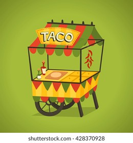 Shop on wheels selling tacos. Mexican street food concept. Vector illustration.