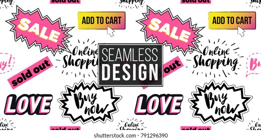 Shop online collection. Vector buy now, wow, sale, love, online shopping, sold out labels, add to cart button, seamless pattern. Fashion illustration, patches, stickers. Hand drawn background.