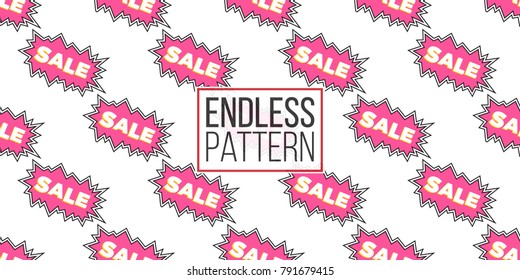 Shop online collection. Vector sale cloud seamless pattern. Fashion illustration, patches, stickers. Hand drawn background in vogue style.