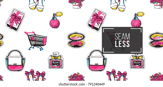 Shop online collection. Vector seamless pattern with shopping cart, gift box, bride shoes, bouquet of roses, blush, classic french perfume, ladies handbag. Fashion illustration, patches, stickers.