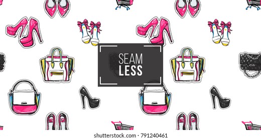 Shop online collection. Vector seamless pattern with shopping cart, bride flat and high heel shoes, fashionable clutch, ladies bag and handbag. Fashion illustration, patches, stickers.