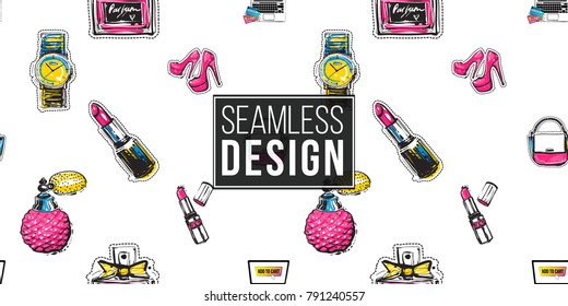 Shop online collection. Vector seamless pattern with shopper laptop, red lipstick, classic french perfume, wrist watch, pink nude heels, ladies handbag. Fashion illustration, patches, stickers.
