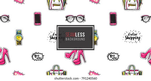 Shop online collection. Vector seamless pattern with sale online labels, wrist watch, pink heels, hipster glasses, ladies bag, smartphone. Fashion patch, sticker. Hand drawn background.