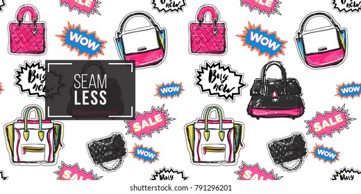 Shop online collection. Vector seamless pattern with fashionable clutch, leather handbag, ladies bags, and labels: wow, sale, buy now. Fashion patches, stickers. Hand drawn background.