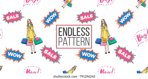 Shop online collection. Vector seamless pattern with surprised shopping woman and comic bubble labels: wow, sale, buy. Fashion illustration, patch, sticker. Hand drawn background in vogue style