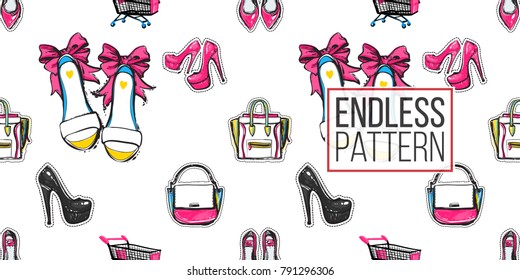 Shop online collection. Vector seamless pattern with shopping cart, bride flat and high heel shoes, fashionable clutch, ladies bag and handbag. Fashion illustration, patches, stickers.