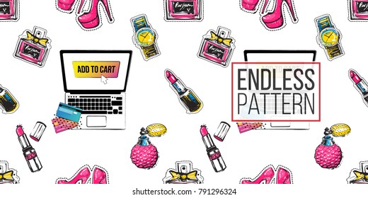 Shop online collection. Vector seamless pattern with shopper laptop, red lipstick, classic french perfume, wrist watch, pink nude heels, ladies handbag. Fashion illustration, patches, stickers.