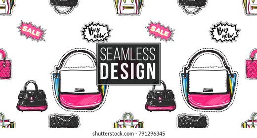 Shop online collection. Vector seamless pattern with fashionable clutch, leather handbag, ladies bags, and labels: wow, sale, buy now. Fashion patches, stickers. Hand drawn background.