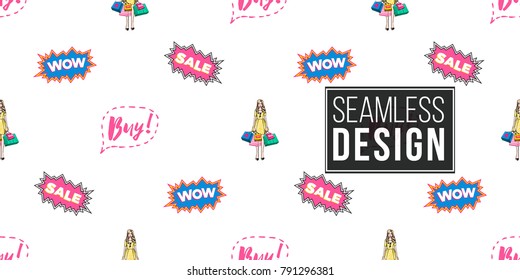 Shop online collection. Vector seamless pattern with surprised shopping woman and comic bubble labels: wow, sale, buy. Fashion illustration, patch, sticker. Hand drawn background in vogue style