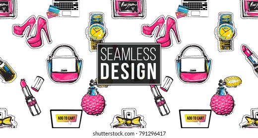 Shop online collection. Vector seamless pattern with shopper laptop, red lipstick, classic french perfume, wrist watch, pink nude heels, ladies handbag. Fashion illustration, patches, stickers.