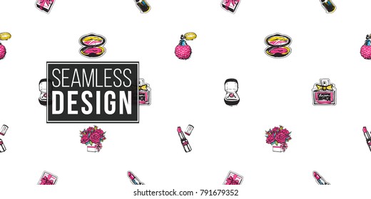 Shop online collection. Vector seamless pattern background with pink lipstick, gift box, engagement ring box, bouquet of roses, red lipstick, blush, classic french perfume. Fashion patch, sticker.