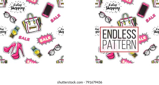 Shop online collection. Vector seamless pattern with sale online labels, wrist watch, pink heels, hipster glasses, ladies bag, smartphone. Fashion patch, sticker. Hand drawn background.