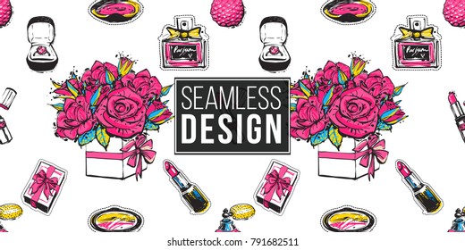 Shop online collection. Vector seamless pattern background with pink lipstick, gift box, engagement ring box, bouquet of roses, red lipstick, blush, classic french perfume. Fashion patch, sticker.