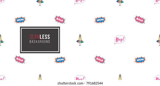 Shop online collection. Vector seamless pattern with surprised shopping woman and comic bubble labels: wow, sale, buy. Fashion illustration, patch, sticker. Hand drawn background in vogue style