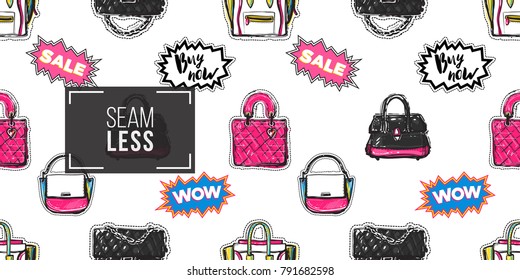 Shop online collection. Vector seamless pattern with fashionable clutch, leather handbag, ladies bags, and labels: wow, sale, buy now. Fashion patches, stickers. Hand drawn background.