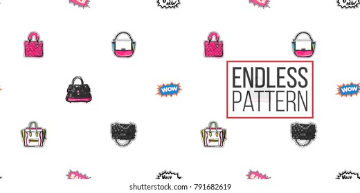 Shop online collection. Vector seamless pattern with fashionable clutch, leather handbag, ladies bags, and labels: wow, sale, buy now. Fashion patches, stickers. Hand drawn background.