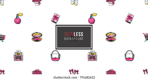 Shop online collection. Vector seamless pattern with shopping cart, gift box, bride shoes, bouquet of roses, blush, classic french perfume, ladies handbag. Fashion illustration, patches, stickers.