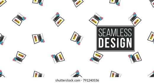 Shop online collection. Vector shopper laptop with add to cart button on screen seamless pattern. E-commerce concept. Hand drawn background.