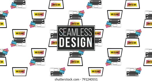 Shop online collection. Vector shopper laptop with add to cart button on screen seamless pattern. E-commerce concept. Hand drawn background.
