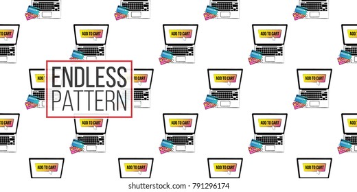 Shop online collection. Vector shopper laptop with add to cart button on screen seamless pattern. E-commerce concept. Hand drawn background.
