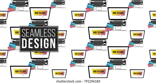 Shop online collection. Vector shopper laptop with add to cart button on screen seamless pattern. E-commerce concept. Hand drawn background.