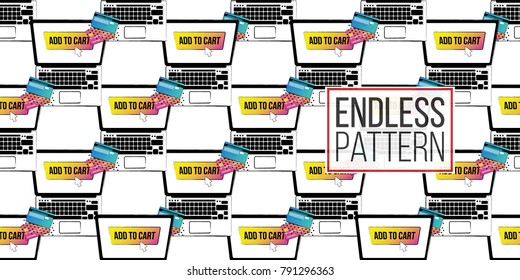 Shop online collection. Vector shopper laptop with add to cart button on screen seamless pattern. E-commerce concept. Hand drawn background.
