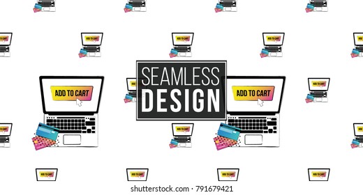 Shop online collection. Vector shopper laptop with add to cart button on screen seamless pattern. E-commerce concept. Hand drawn background.