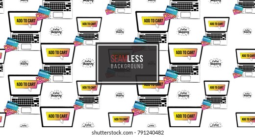 Shop online collection. Vector shoppers laptop and online shopping label seamless pattern. E-commerce concept endless background.