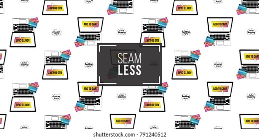 Shop online collection. Vector shoppers laptop and online shopping label seamless pattern. E-commerce concept endless background.