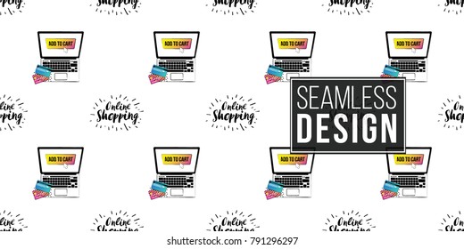Shop online collection. Vector shoppers laptop and online shopping label seamless pattern. E-commerce concept endless background.