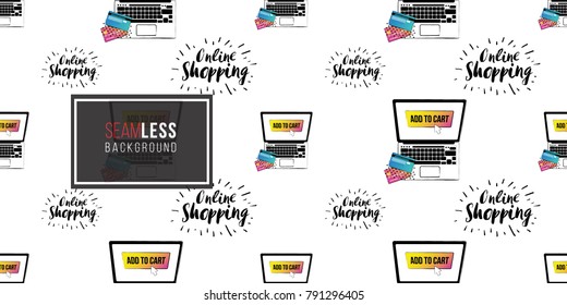 Shop online collection. Vector shoppers laptop and online shopping label seamless pattern. E-commerce concept endless background.