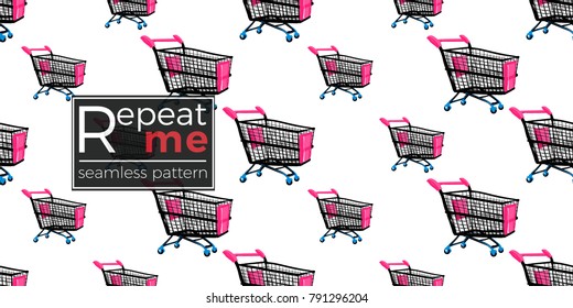 Shop online collection. Vector shopping cart seamless pattern. Fashion illustration, patches, stickers. Hand drawn background in vogue style.