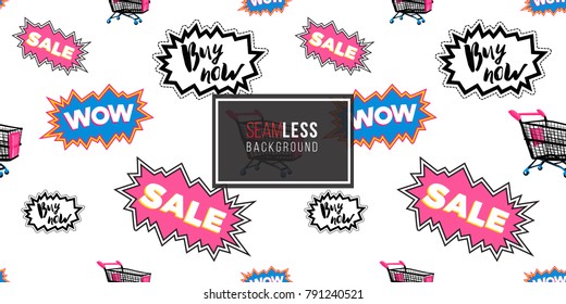 Shop online collection. Vector wow label, shopping cart, sale cloud, buy now label seamless pattern. Fashion illustration, patches, stickers. Hand drawn background in vogue style.