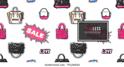 Shop online collection. Vector wow, sale and love labels, fashionable clutch, leather handbag, ladies bags seamless pattern. Fashion illustration, patches, stickers. Hand drawn background.