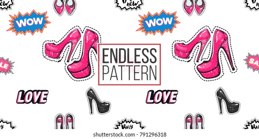 Shop online collection. Vector wow, sale, love, buy now labels and bride, flat, high and pink nude heels seamless pattern. Fashion patches, stickers. Hand drawn background in vogue style.