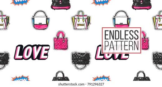 Shop online collection. Vector wow, sale and love labels, fashionable clutch, leather handbag, ladies bags seamless pattern. Fashion illustration, patches, stickers. Hand drawn background.