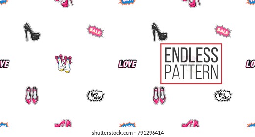 Shop online collection. Vector wow, sale, love, buy now labels and bride, flat, high and pink nude heels seamless pattern. Fashion patches, stickers. Hand drawn background in vogue style.