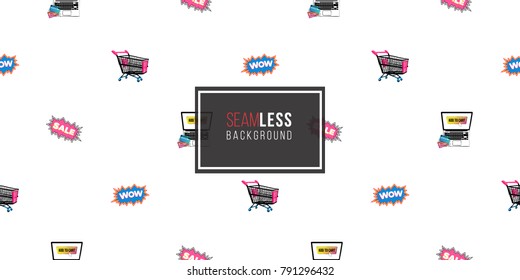 Shop online collection. Vector wow label, shopper laptop, shopping cart, sale cloud seamless pattern. Fashion illustration, patches, stickers. Hand drawn background in vogue style.